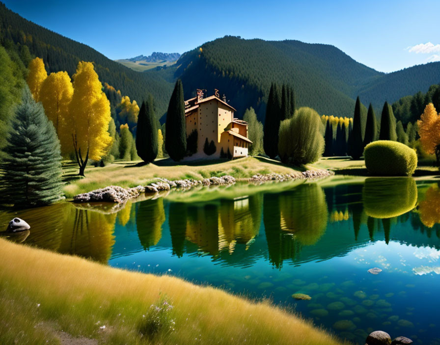 Tranquil landscape with lake, house, trees, hills, and sky