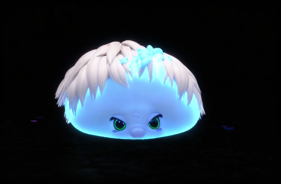 Cartoon-style glowing creature with white and turquoise hair in dark setting