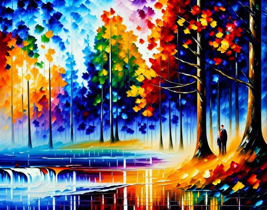 Colorful Autumn Forest Painting with Figures by Water