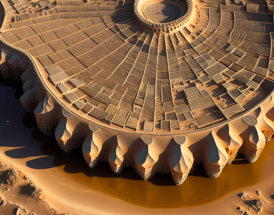 Circular Solar Panel Structure in Desert with Wavy Patterns and Dome-like Protrusions