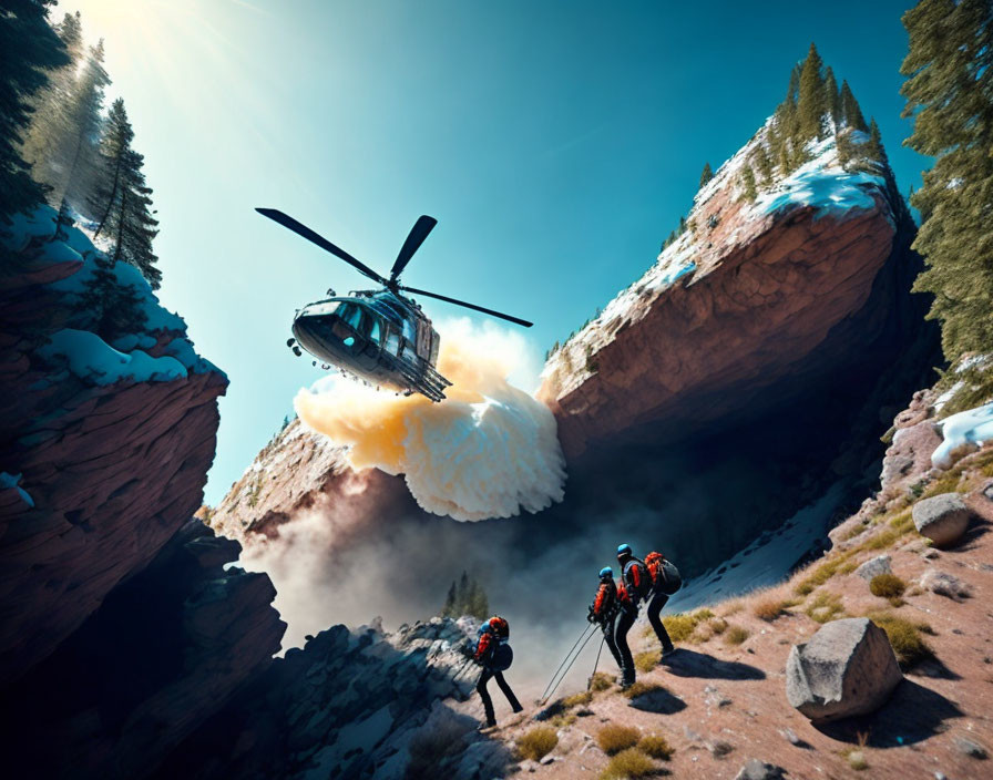 Three hikers observe helicopter taking off in snowy canyon.