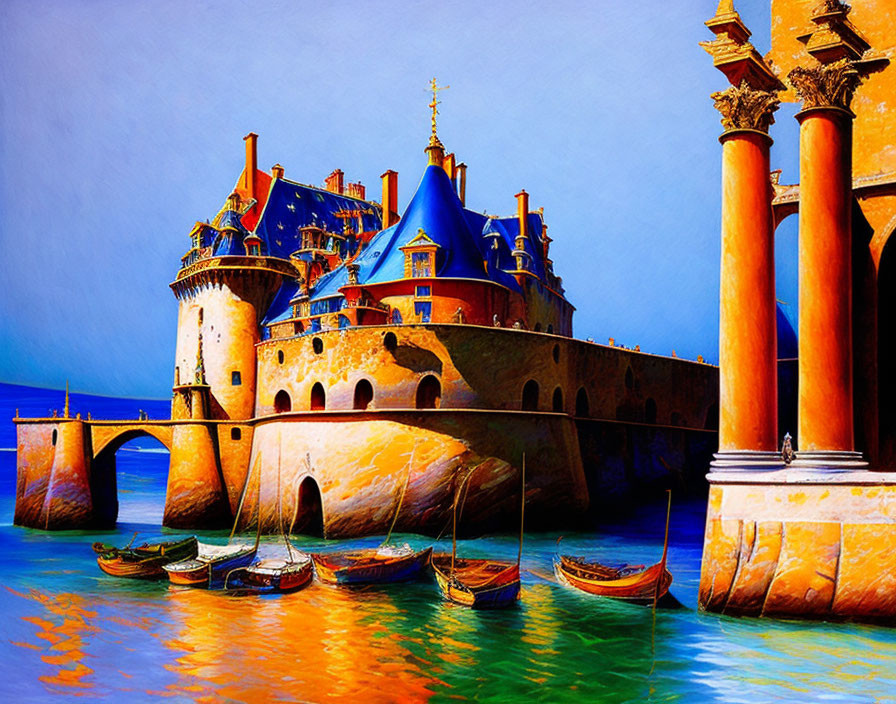 Colorful Castle Overlooking Water and Boats on a Blue Sky