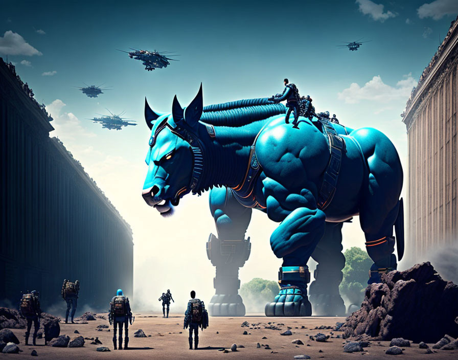Gigantic blue bull statue in dusty plaza with soldiers and flying crafts.