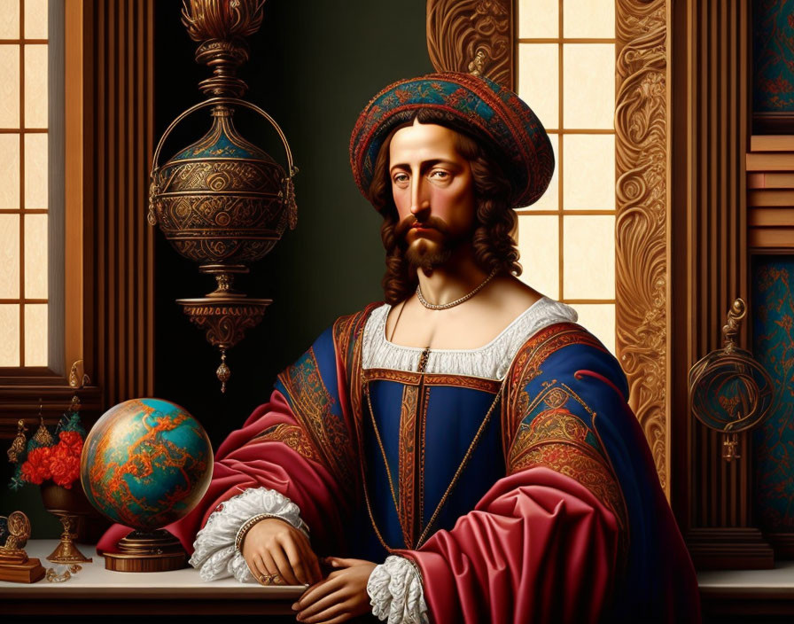 Bearded man in historical attire with globe and ornate decor