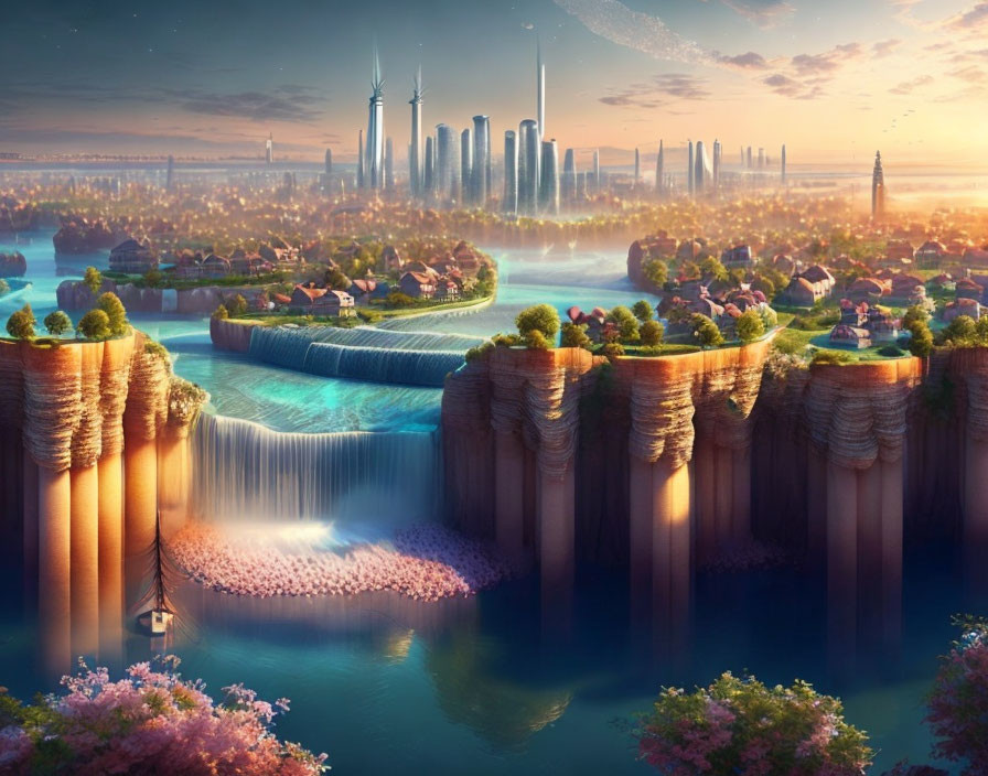 Futuristic cityscape with waterfall, cherry blossoms, and boat