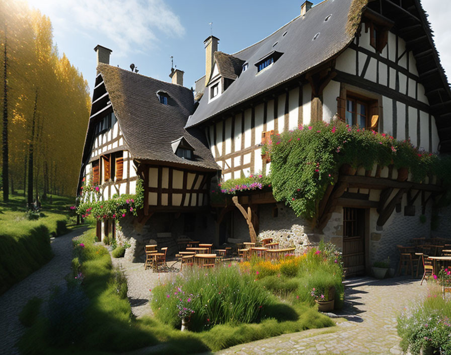 Medieval half-timbered house with flower-lined facade in tranquil garden
