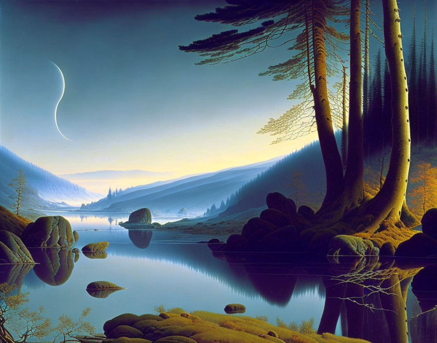 Tranquil landscape with reflective lake, towering trees, crescent moon, and misty mountains