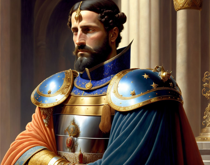 Regal figure in blue and gold armor with laurel wreath crown and beard
