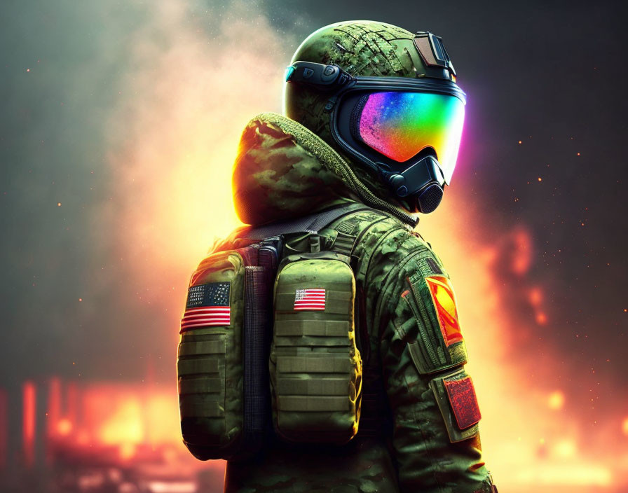 Soldier in Tactical Gear with Reflective Visor Against Fiery Backdrop