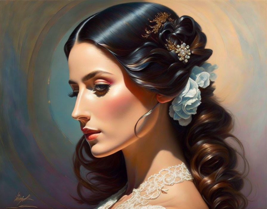 Digital painting of woman with elegant floral hairstyle and jewelry in warm tones.