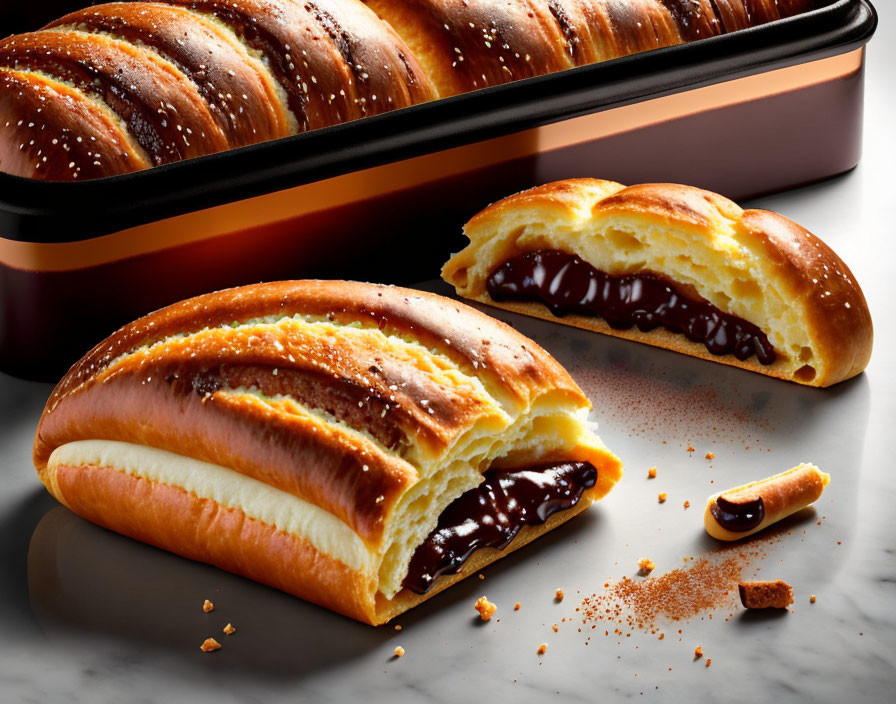 Chocolate-filled pastries on reflective surface with sliced open pastry and metal baking pan