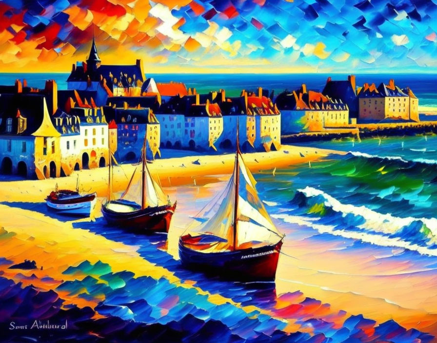 Colorful sailboats, beach, village, and dynamic sky in vibrant painting
