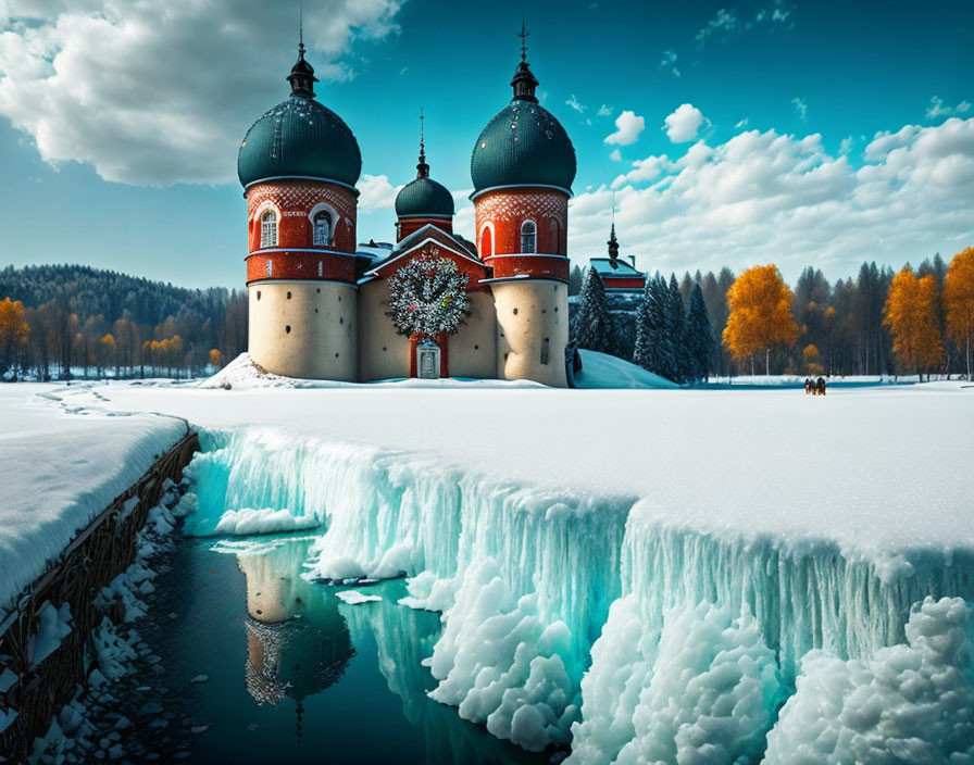 Snowy landscape with majestic castle and icy river under blue sky