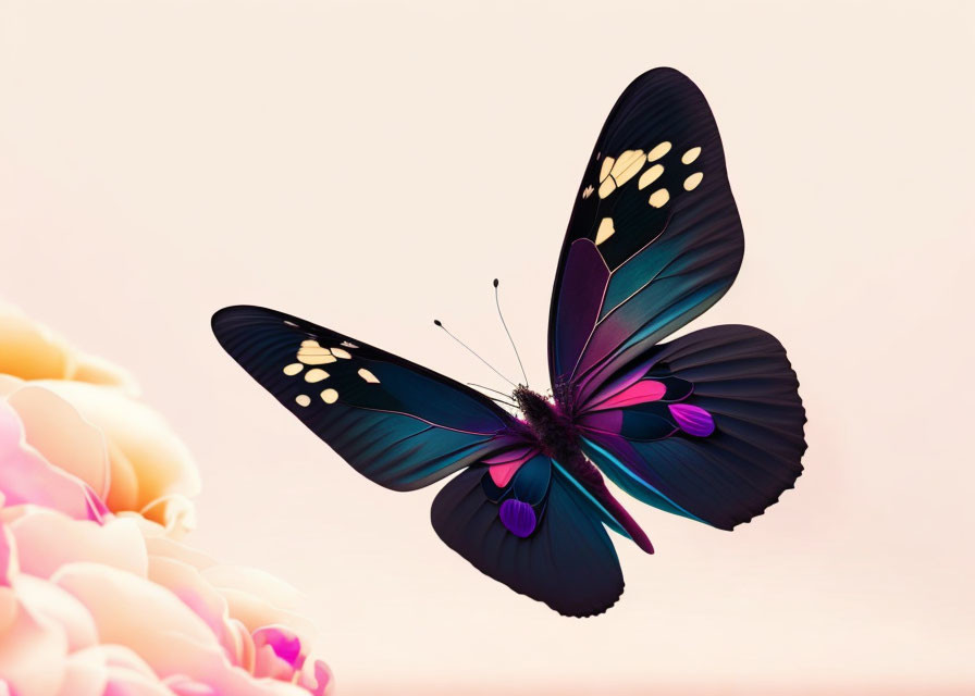 Colorful butterfly with black and blue wings on pink background