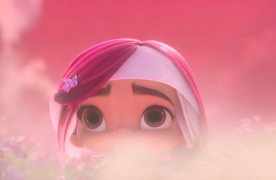 Animated character with large eyes and pink hair, adorned with a blue flower accessory in soft pink setting.