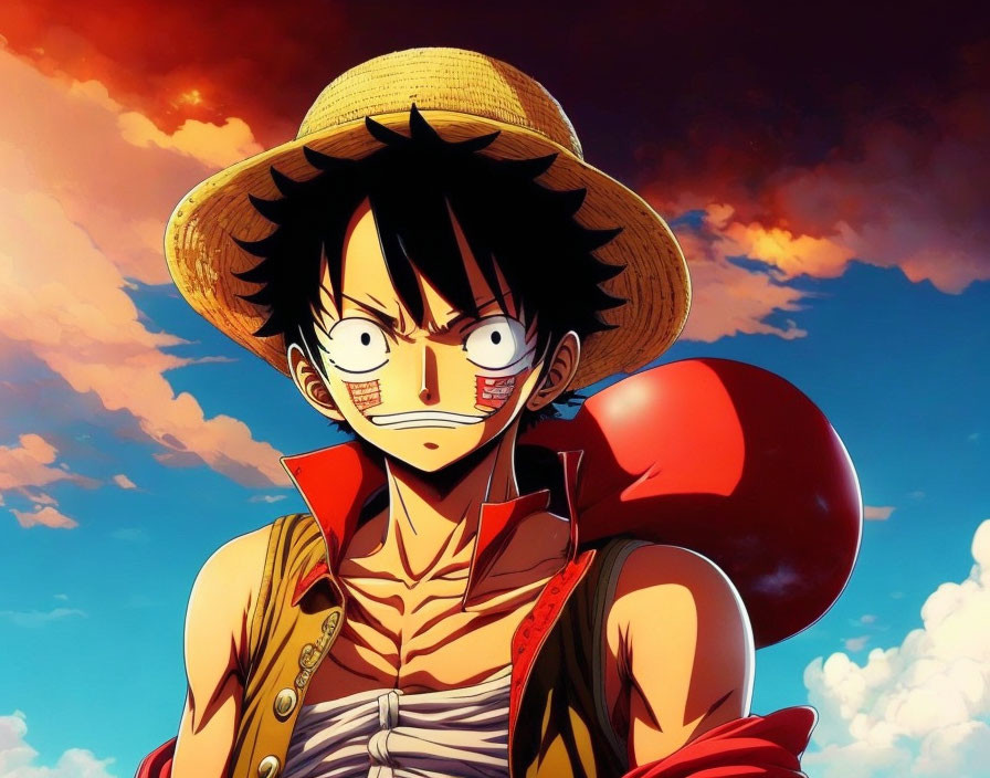 Animated character with black hair, straw hat, red vest, and scar under left eye.