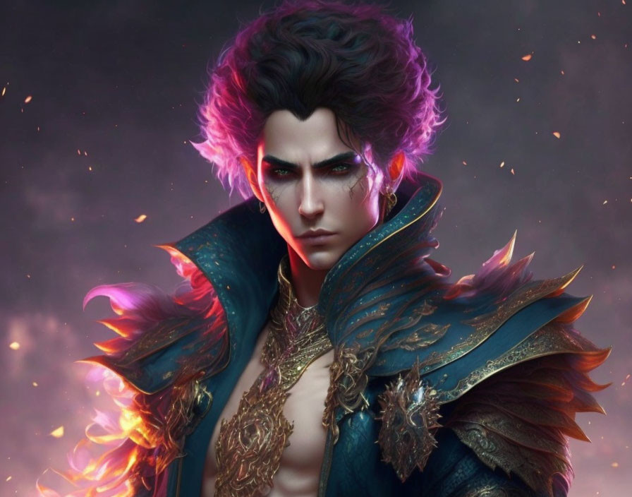 Fantasy character with purple flaming hair and ornate blue-gold armor