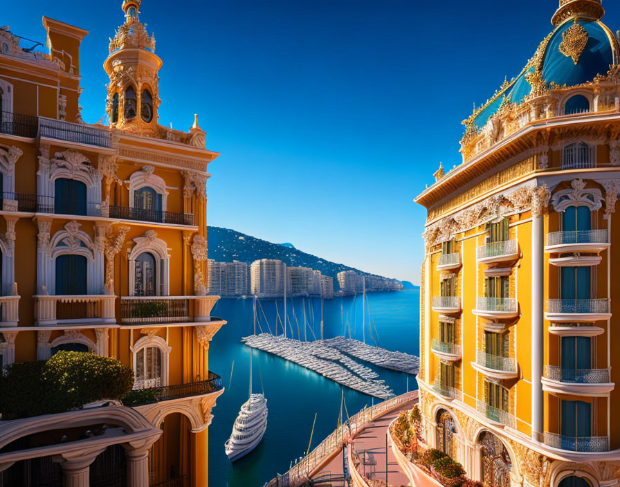 Golden domed buildings by marina with yachts and mountainous backdrop