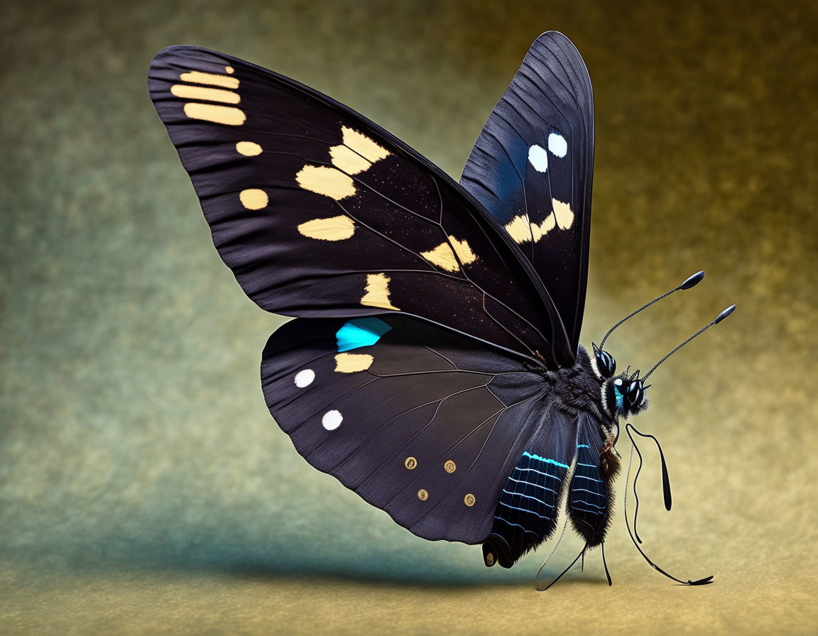 Black butterfly with white and blue spots on golden background