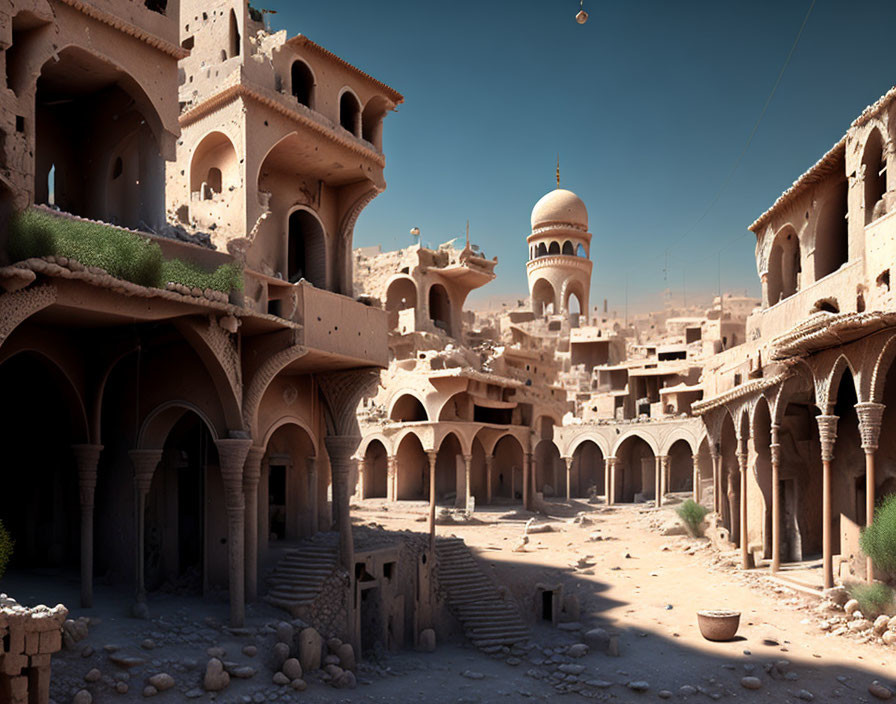 Ancient desert town with earthen architecture and dome-capped tower