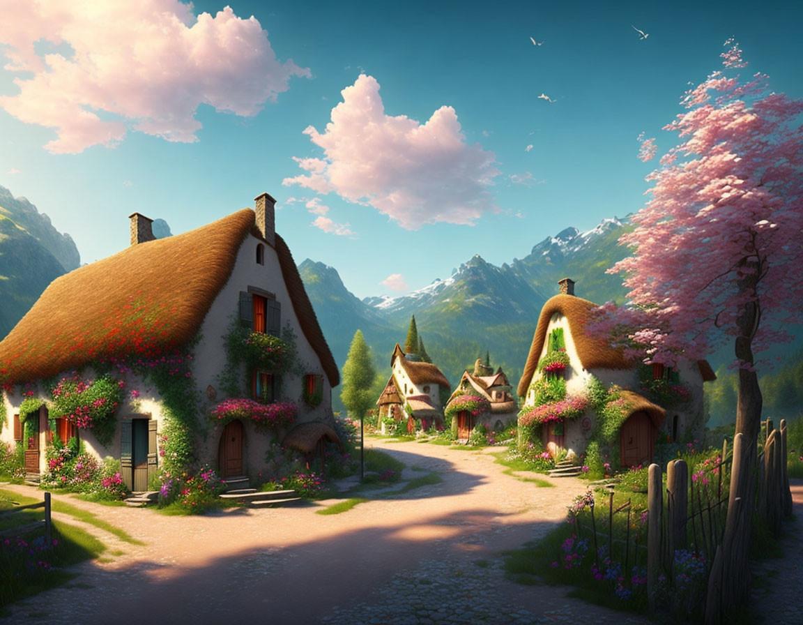 Charming village scene with thatched-roof cottages, flowers, blossoming tree, and mountains
