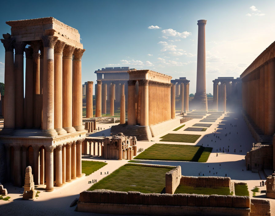 Ancient ruins with towering columns and central pathway in clear skies