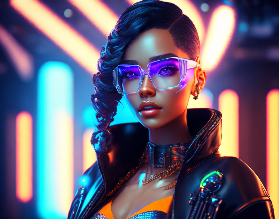Futuristic woman in purple glasses against neon background
