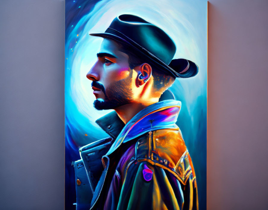 Colorful profile portrait of a man in hat and jacket with neon blue and purple hues
