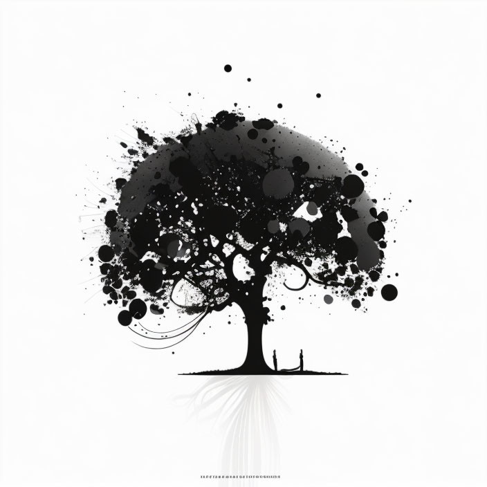 Monochrome ink tree illustration with solitary figure beneath
