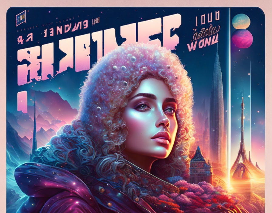 Stylized woman with curly hair in winter coat against neon cityscape