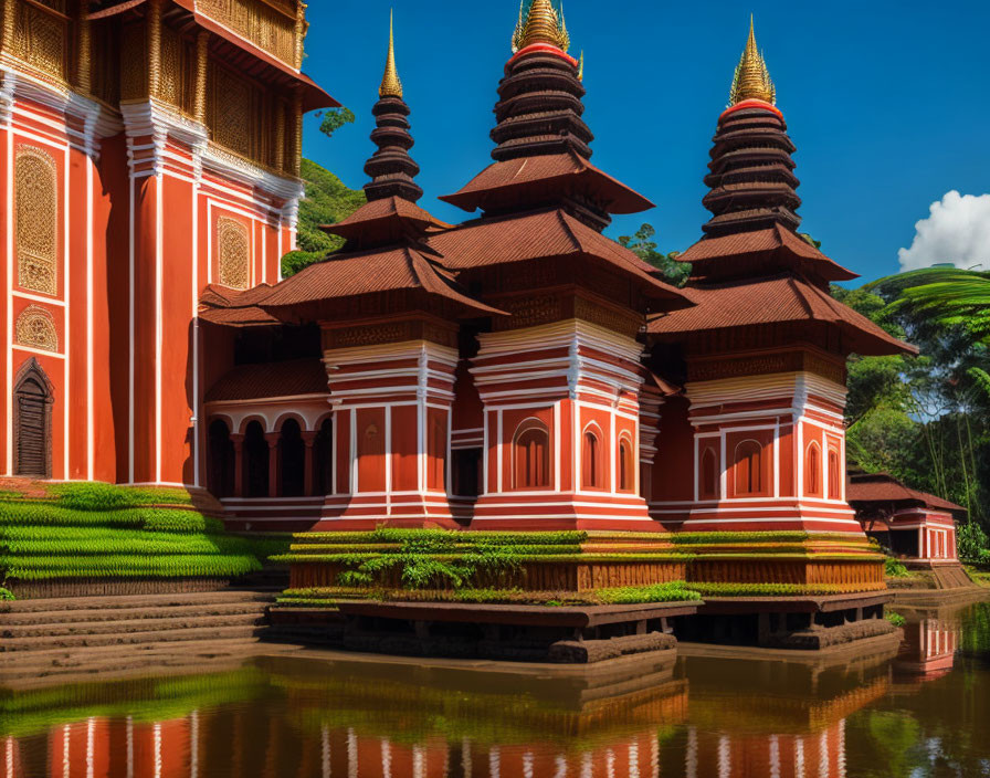 Traditional Red and Gold Temple with Tiered Roofs and Reflection in Water