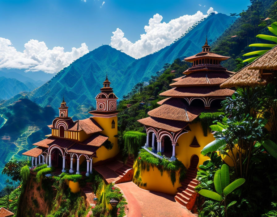 Vibrant yellow building with terracotta roofs on lush mountainside