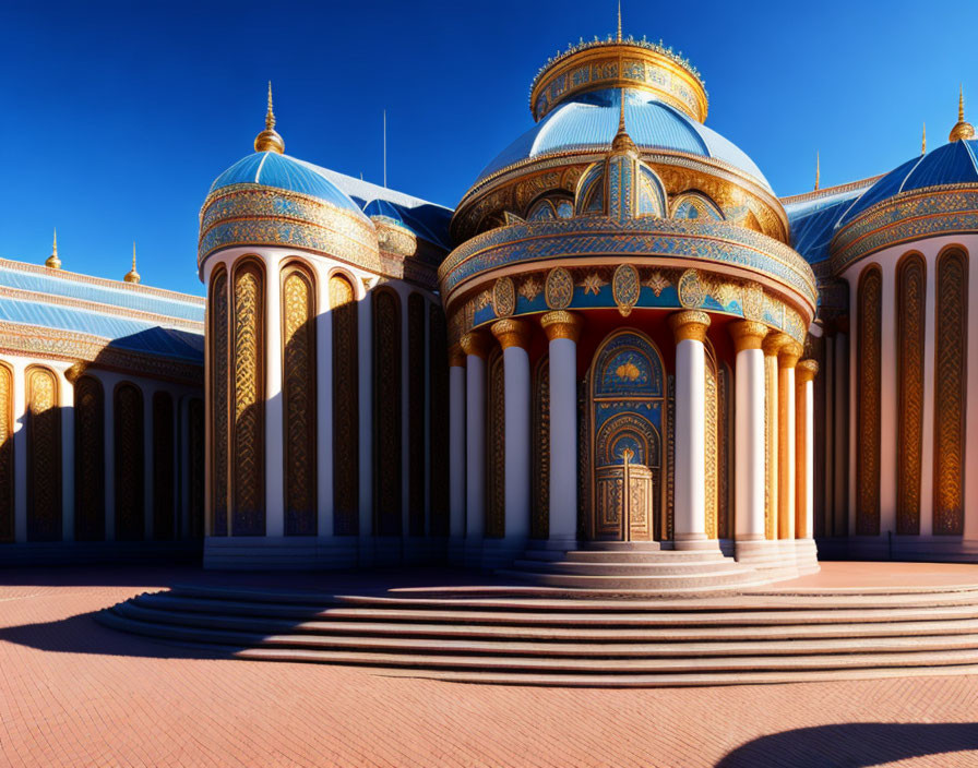Blue domed building with golden designs and courtyard under clear sky