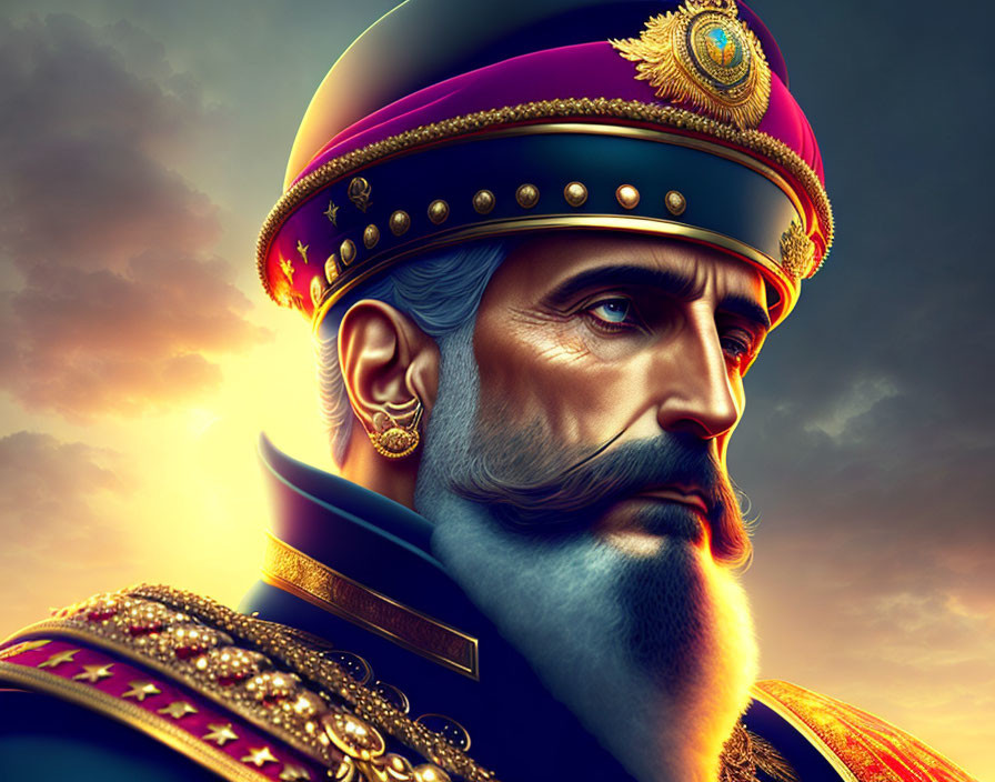 Regal man in ornate military uniform with beard and mustache against dramatic sky