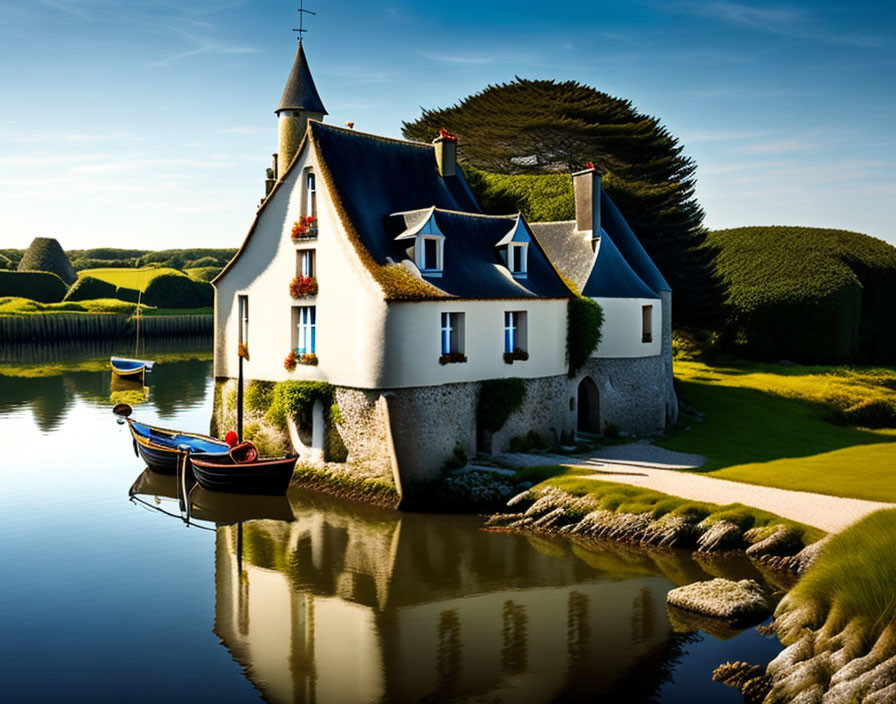 White Cottage with Grey Roof by Calm Waters and Greenery