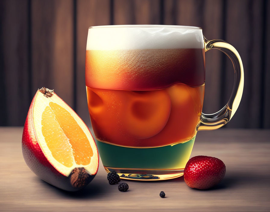 Beer glass with frothy top, grapefruit, strawberry, and peppercorns on wooden surface