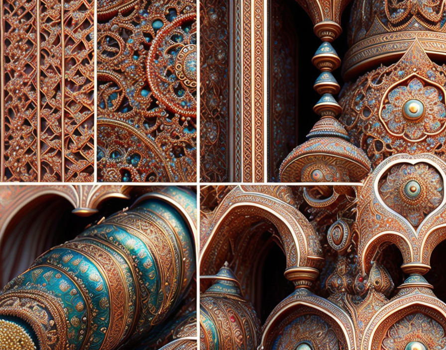 Intricate Islamic Geometric and Arabesque Collage in Blue, Gold, and Brown