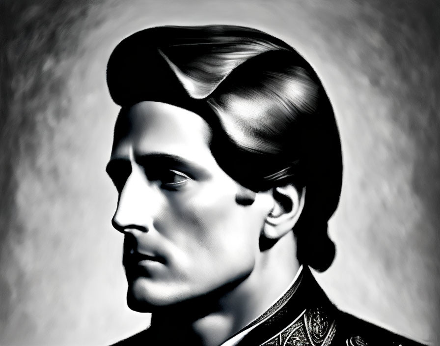 Monochromatic stylized portrait of a man with slicked hair and sharp features
