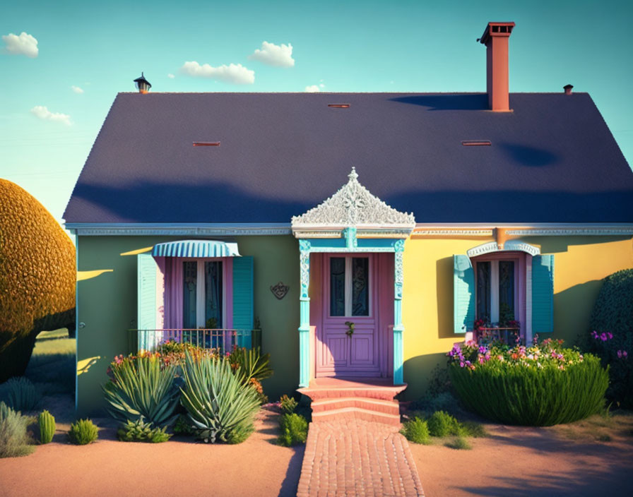 Cartoon-style house with pink door, blue windows, white trim, lush garden
