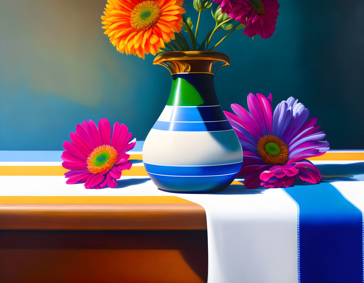 Colorful Gerbera Flowers in Striped Vase on Table with Geometric Patterns