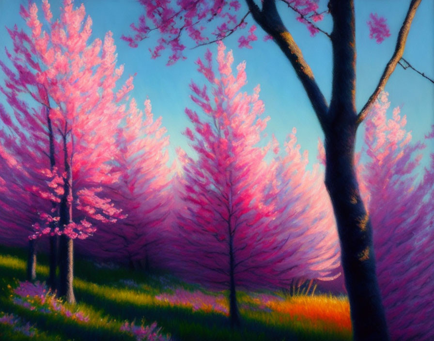 Serene landscape with vibrant pink cherry blossom trees