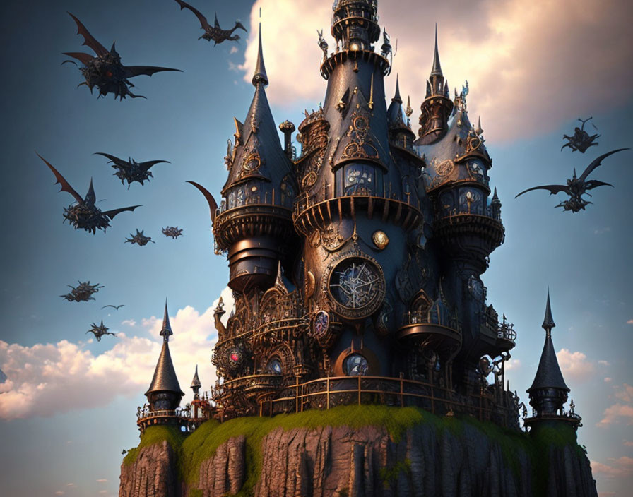 Fantasy castle with ornate spires on cliff, surrounded by flying dragons