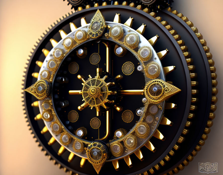 Intricate Steampunk Wall Clock with Metallic Gold and Bronze Tones