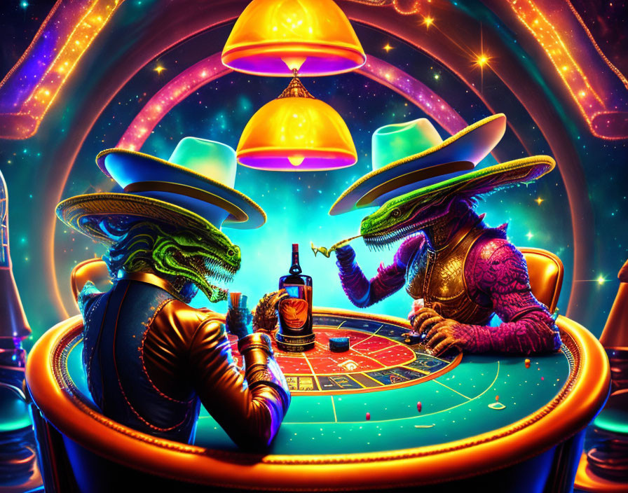 Extraterrestrial creatures in cowboy hats play card game in vibrant space-themed casino.