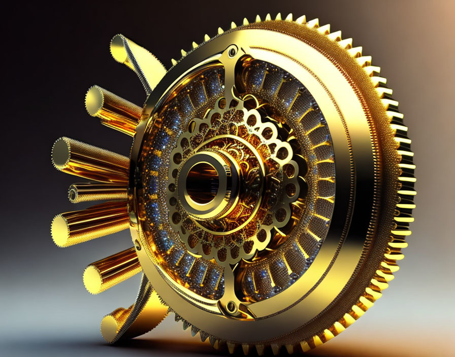 Intricate Golden Mechanical Gear with Ornate Designs on Gradient Background