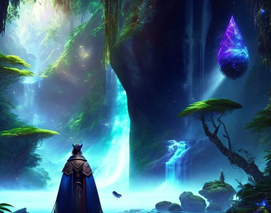 Mysterious cloaked figure in luminous forest with crystal and waterfalls