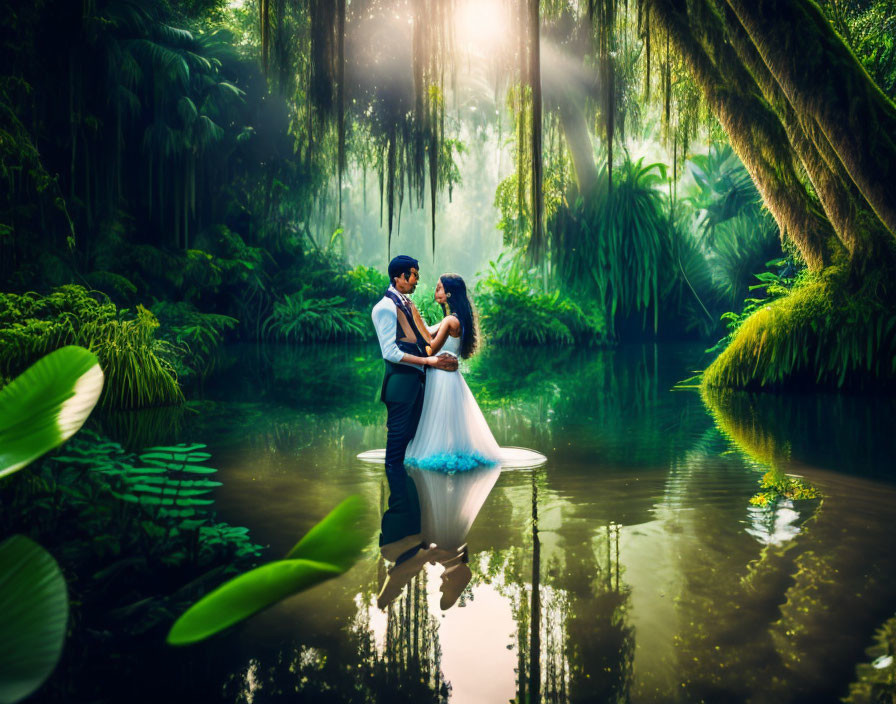 Couple Embracing in Sunlit Mystical Forest