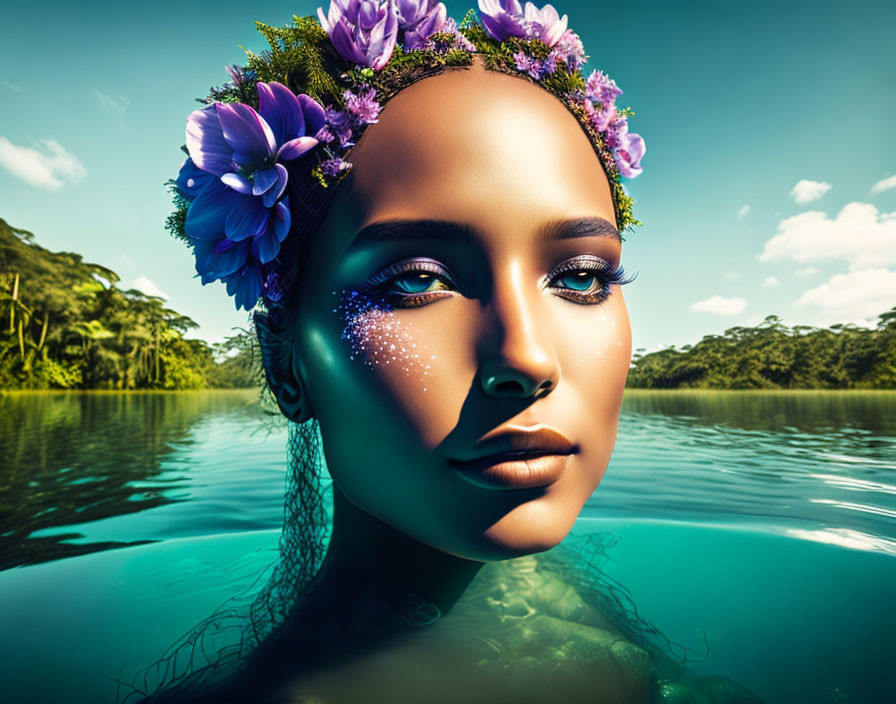 Woman with floral crown in water against green backdrop