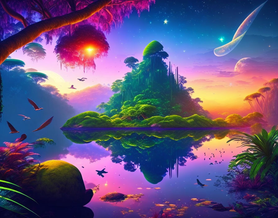 Colorful Fantasy Landscape with Reflective Lake and Starry Sky