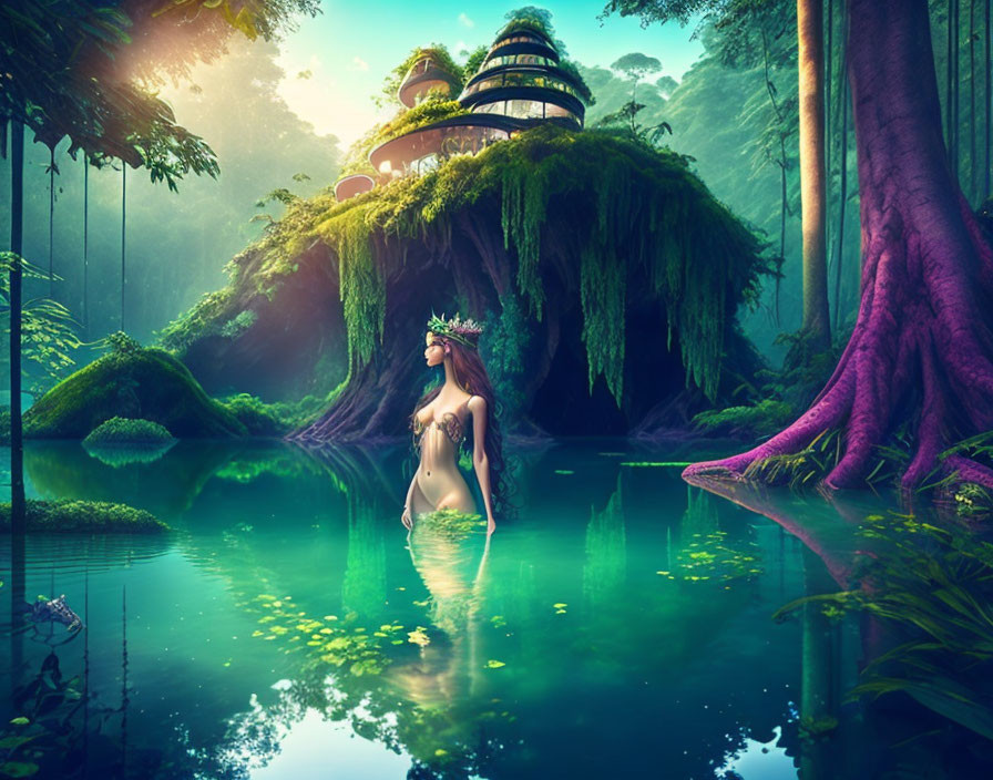 Woman standing in pond surrounded by lush forest and whimsical buildings